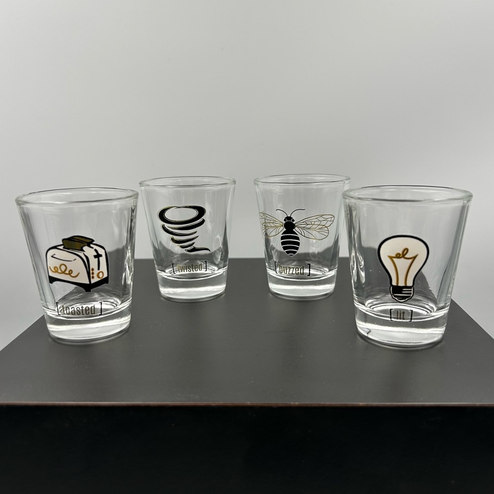 Jay Import Set of 4 Shot Glasses Buzzed Lit Toasted Twisted Novelty Barware